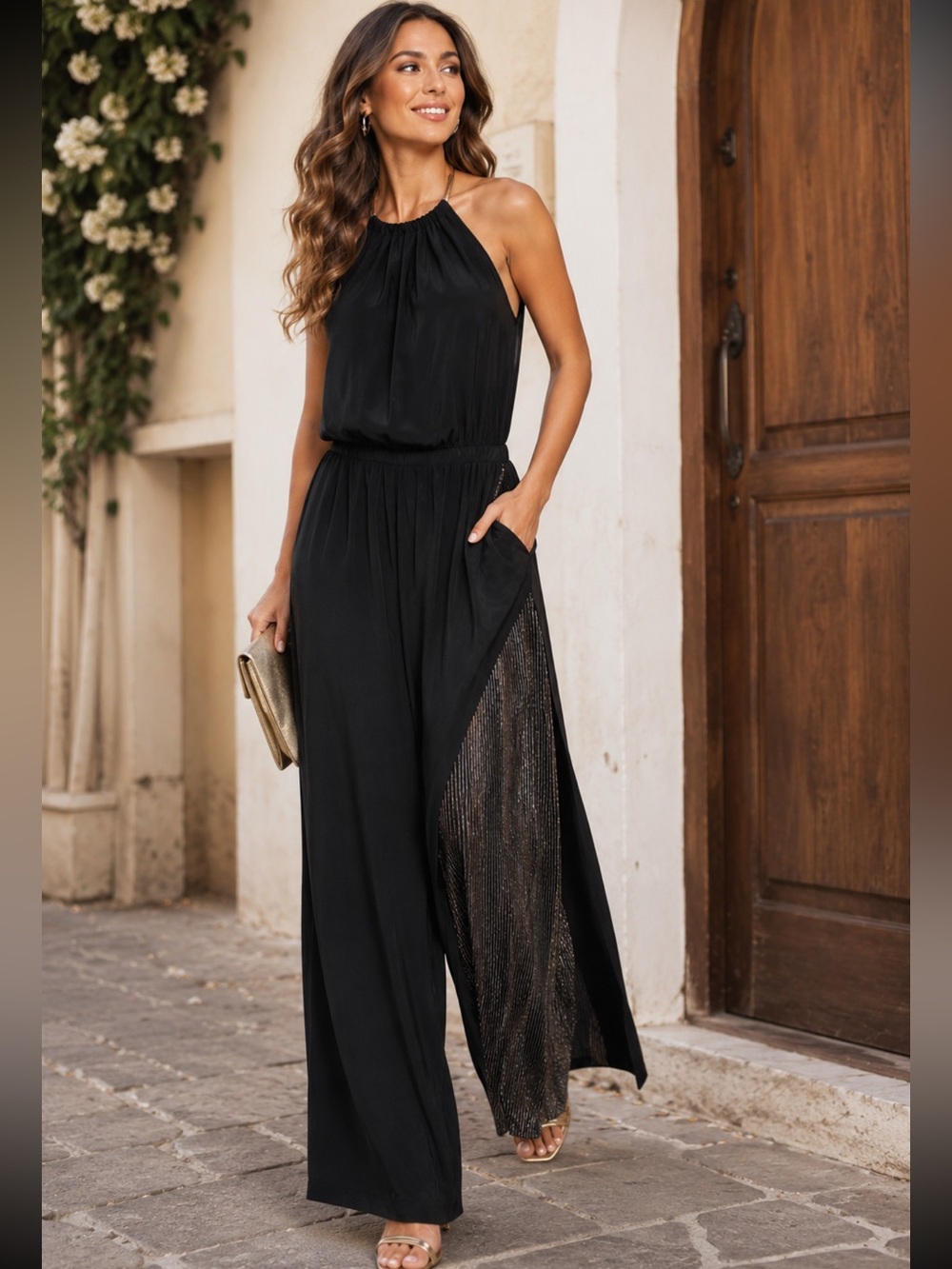 MSK Black Gold Metallic Halter Wide Leg Jumpsuit 14P Petite NWT Cocktail